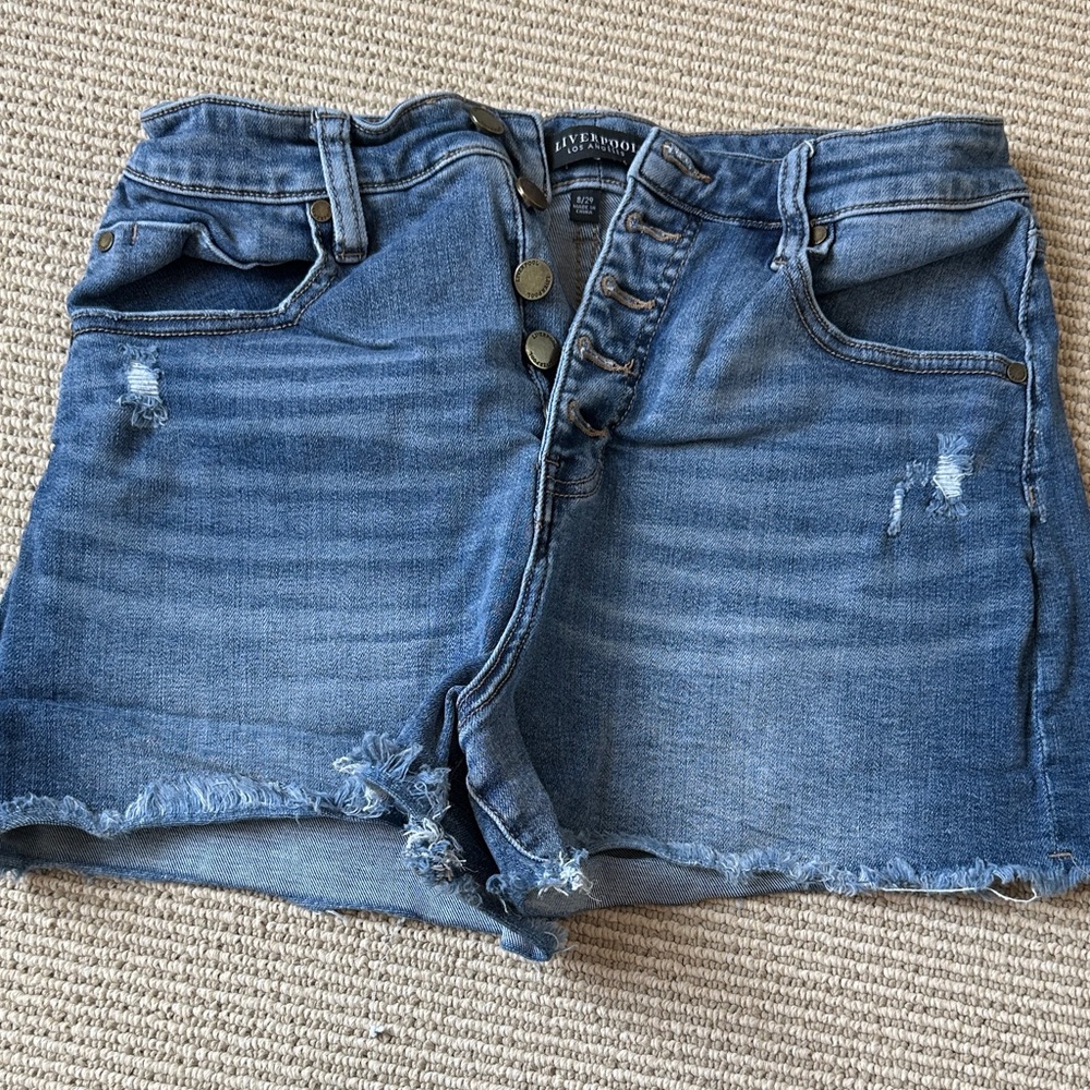 Liverpool Jeans Company Distressed Button-Fly Denim Shorts - Blue